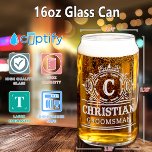 Personalized Groomsman Initial Etched on 16 oz Beer Glass Can