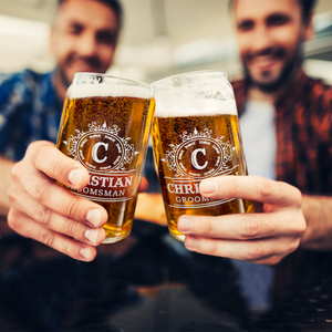 Personalized Groomsman Initial Etched on 16 oz Beer Glass Can