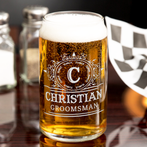 Personalized Groomsman Initial Etched on 16 oz Beer Glass Can