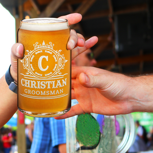 Personalized Groomsman Initial Etched on 16 oz Beer Glass Can