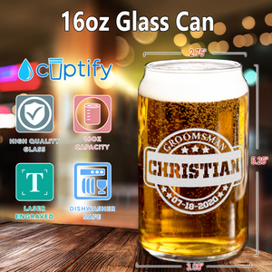 Personalized Groomsman Etched on 16 oz Beer Glass Can