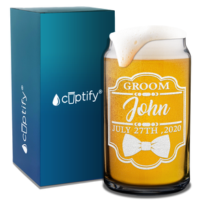 Personalized Groom Etched on 16 oz Beer Glass Can