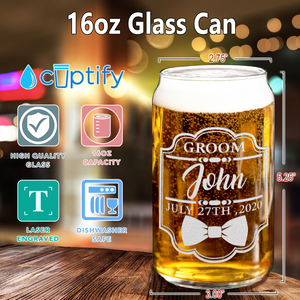Personalized Groom Etched on 16 oz Beer Glass Can