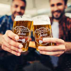 Personalized Groom Etched on 16 oz Beer Glass Can