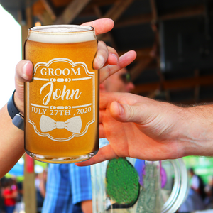 Personalized Groom Etched on 16 oz Beer Glass Can