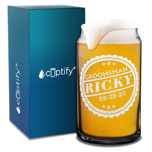 Personalized Groomsman Crest Etched on 16 oz Beer Glass Can