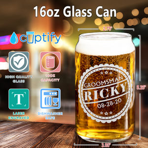 Personalized Groomsman Crest Etched on 16 oz Beer Glass Can