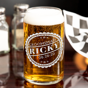Personalized Groomsman Crest Etched on 16 oz Beer Glass Can