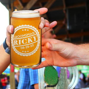 Personalized Groomsman Crest Etched on 16 oz Beer Glass Can