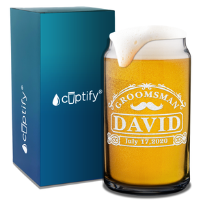 Personalized Groomsman with Mustache Etched on 16 oz Beer Glass Can