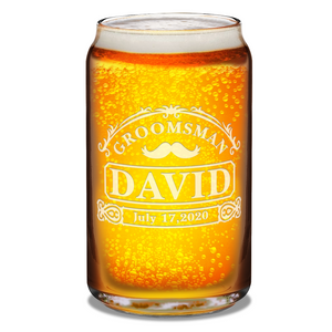 Personalized Groomsman with Mustache Etched on 16 oz Beer Glass Can