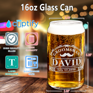 Personalized Groomsman with Mustache Etched on 16 oz Beer Glass Can