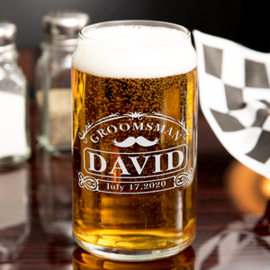 Personalized Groomsman with Mustache Etched on 16 oz Beer Glass Can