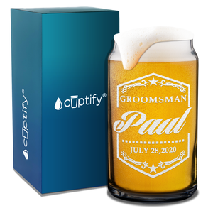 Personalized Groomsman Border Ornament Etched on 16 oz Beer Glass Can