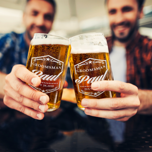 Personalized Groomsman Border Ornament Etched on 16 oz Beer Glass Can