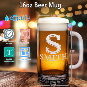 personalized monogram, monogram, Monogrammed Beer Mugs Initial and Name Laser Engraved on 16 oz Glass Mug