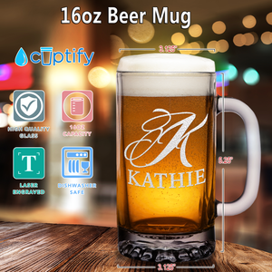 Personalized Script Monogram Initial and Name Laser Engraved on 16 oz Glass Mug