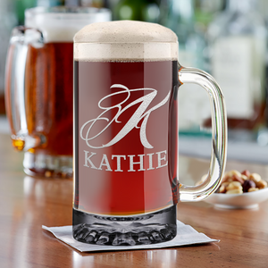 Personalized Script Monogram Initial and Name Laser Engraved on 16 oz Glass Mug