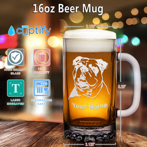 Personalized Bulldog Head 16 oz Beer Mug Glass