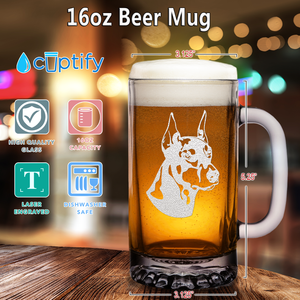 Doberman Pinscher Head 16 oz Beer Mug Glass