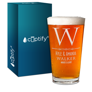 Personalized ClassicMonogram Initial and Surname with Anniversary Date Laser Engraved Glass Pint
