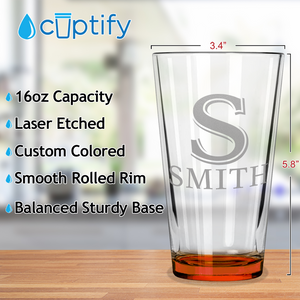 Personalized Initial and Name Orange Bottom Beer Pint Glass