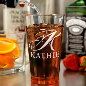 Personalized Script Initial and Name Orange Bottom Beer Pint Glass