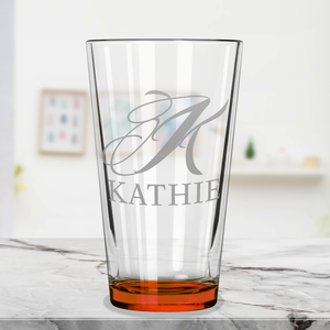 Personalized Script Initial and Name Orange Bottom Beer Pint Glass