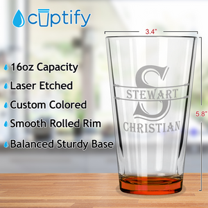 Personalized Initial Block Orange Bottom Beer Pint Glass