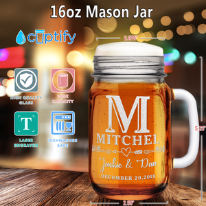 Personalized Initial and Name with Date Etched 16 oz Mason Jar Glass