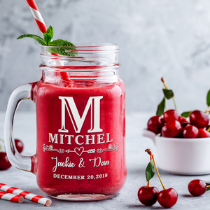 Personalized Initial and Name with Date Etched 16 oz Mason Jar Glass