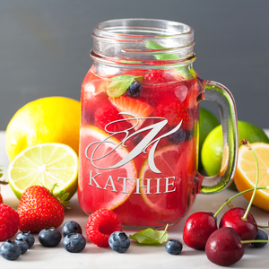 Personalized Script Initial and Name Etched 16 oz Mason Jar Glass