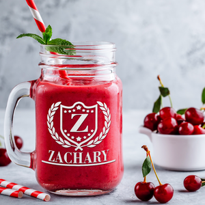 Personalized Laurel Wreath BadgeEtched 16 oz Mason Jar Glass