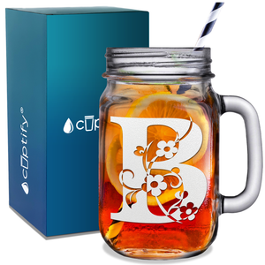 Monogram Floral Initial Letter B Etched on 16 oz Mason Jar Glass