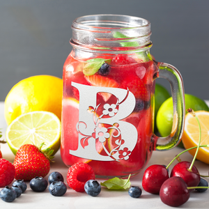 Monogram Floral Initial Letter B Etched on 16 oz Mason Jar Glass