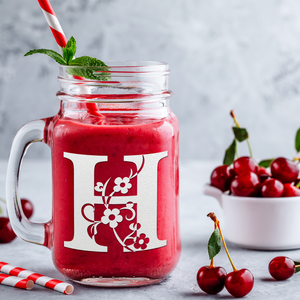 Monogram Floral Initial Letter H Etched on 16 oz Mason Jar Glass