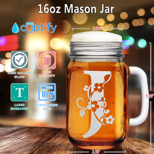 Monogram Floral Initial Letter J Etched on 16 oz Mason Jar Glass