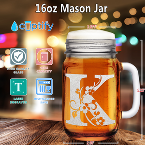 Monogram Floral Initial Letter K Etched on 16 oz Mason Jar Glass