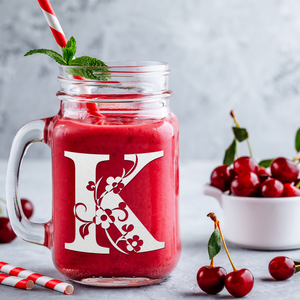 Monogram Floral Initial Letter K Etched on 16 oz Mason Jar Glass