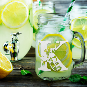 Monogram Floral Initial Letter K Etched on 16 oz Mason Jar Glass