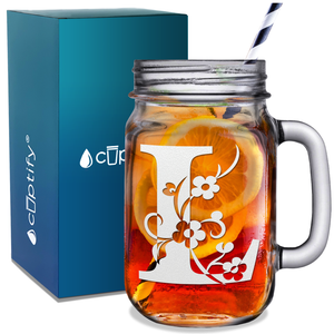 Monogram Floral Initial Letter L Etched on 16 oz Mason Jar Glass