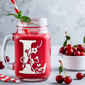 Monogram Floral Initial Letter L Etched on 16 oz Mason Jar Glass