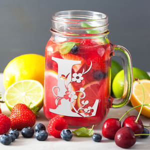 Monogram Floral Initial Letter L Etched on 16 oz Mason Jar Glass