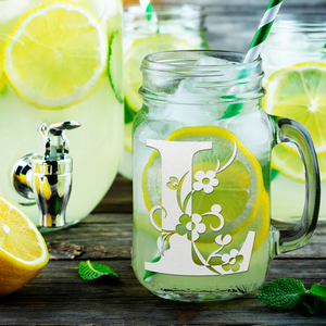 Monogram Floral Initial Letter L Etched on 16 oz Mason Jar Glass