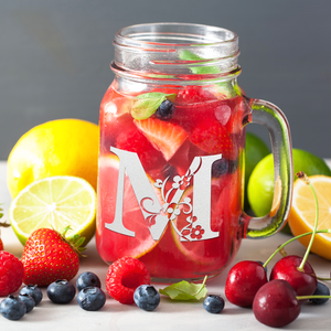 Monogram Floral Initial Letter M Etched on 16 oz Mason Jar Glass