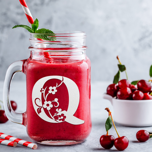 Monogram Floral Initial Letter Q Etched on 16 oz Mason Jar Glass