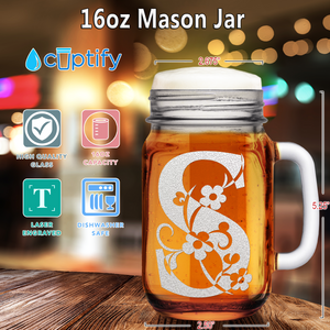 Monogram Floral Initial Letter S Etched on 16 oz Mason Jar Glass