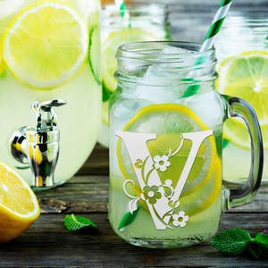 Monogram Floral Initial Letter V Etched on 16 oz Mason Jar Glass