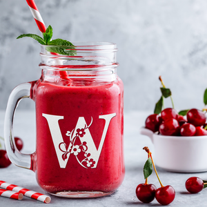 Monogram Floral Initial Letter W Etched on 16 oz Mason Jar Glass