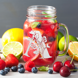 Monogram Blooming Floral Initial Letter A Etched on 16 oz Mason Jar Glass